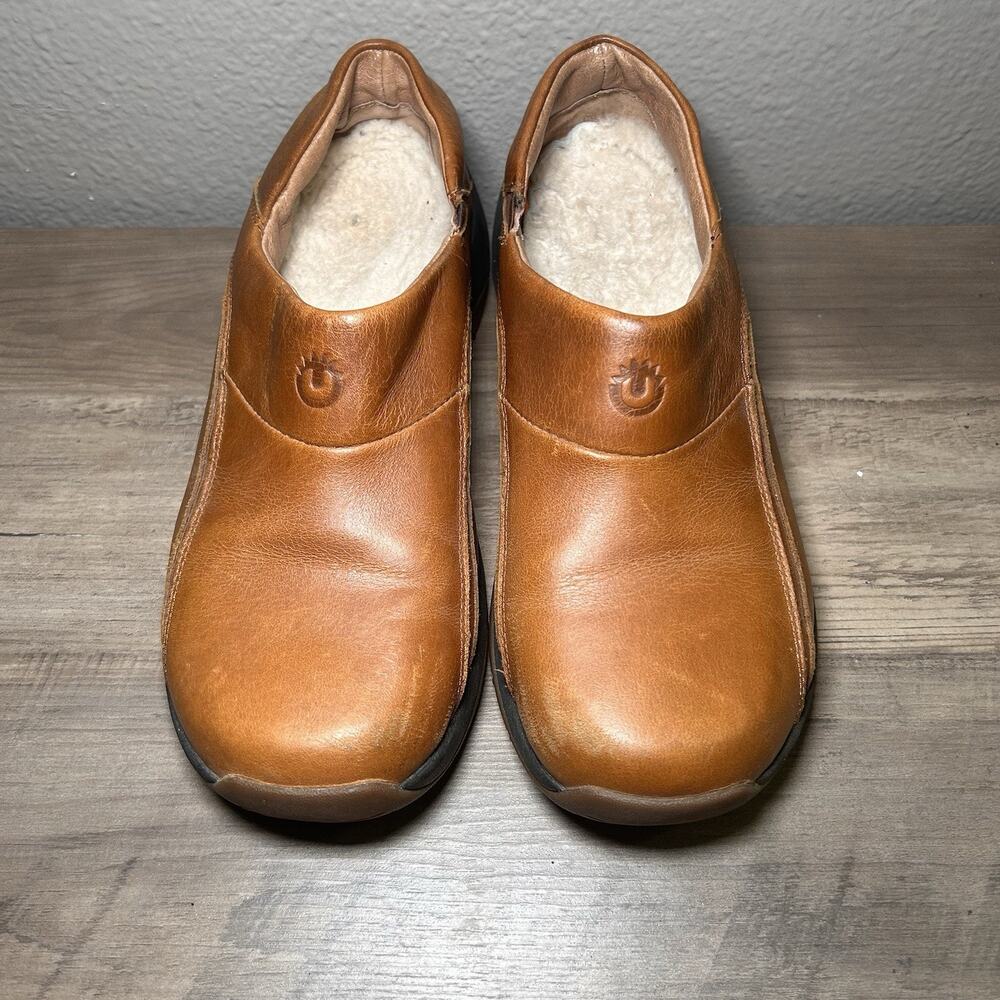 ULU Mule Womens 7.5 Brown Leather Clog Slides Slip On Comfort Shoe Shearling